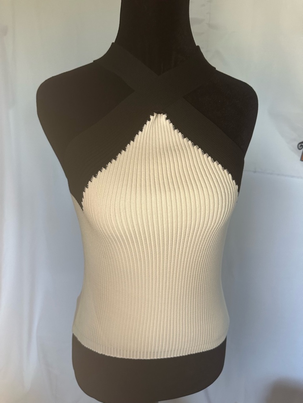 Cross-Strap Ribbed Halter Tank Top in Cream and Black